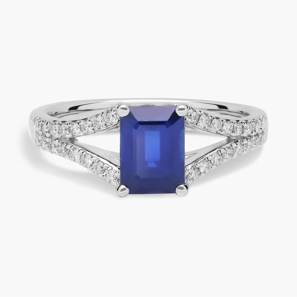 Blue Nile Emerald Cut Sapphire Split Shank Ring In 14k White Gold (7x5mm) Size 7